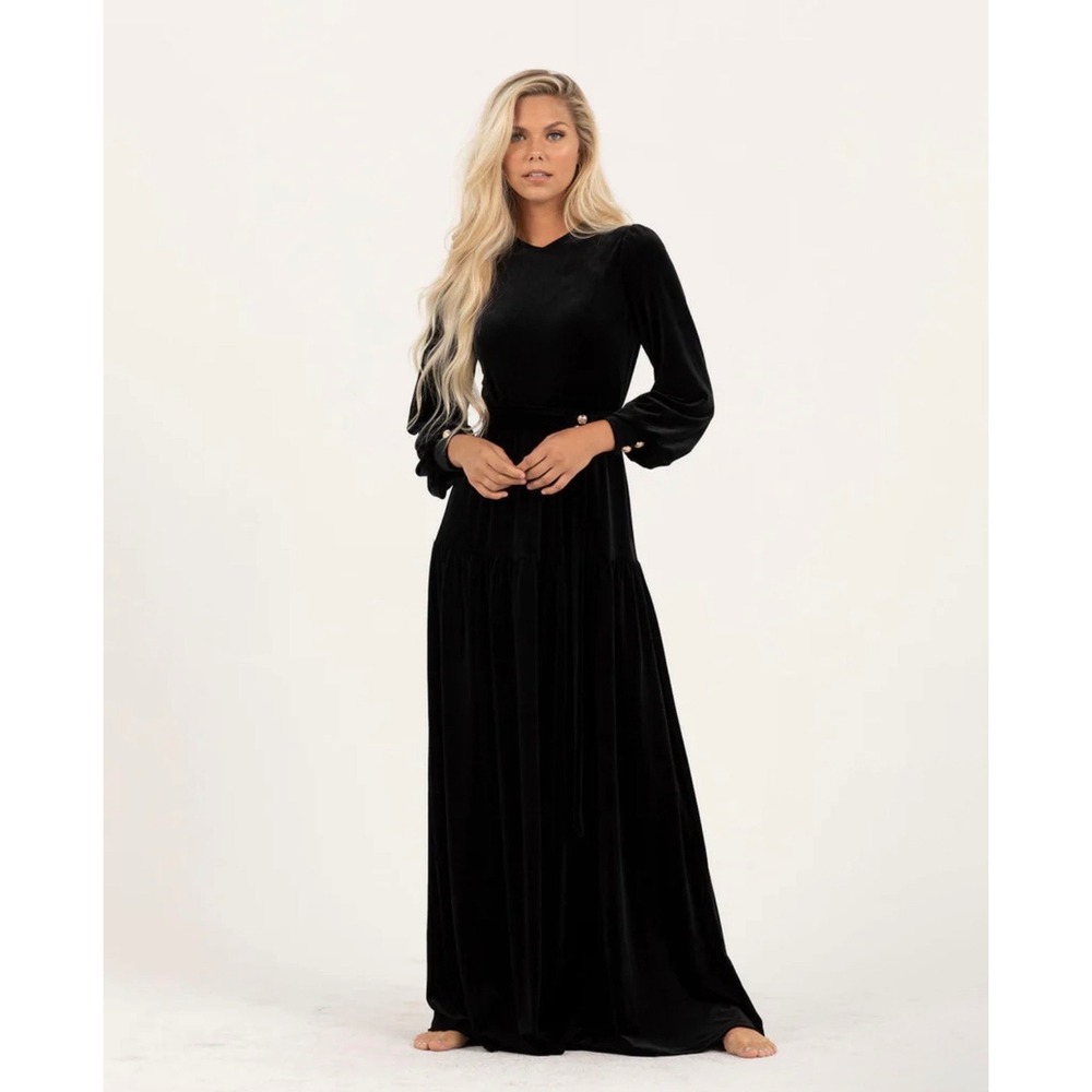 Aleeza Paris Mali Black Velvet Tiered Maxi Dress Gold Button Bishop Sleeve Small